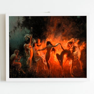Joseph Tomanek, Fire Dance 1889 Print Poster, tanzende Hexen, Feuertanz, Vintage Gothic, dunkle Kunst, dunkle Academia Aesthetic, Hexenmagie