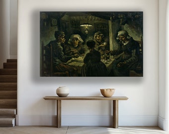 May include: A painting depicting five people seated around a table in a dimly lit room. The people are dressed in dark clothing and appear to be engaged in conversation. The painting is done in a style reminiscent of Vincent van Gogh, with thick brushstrokes and a focus on light and shadow.