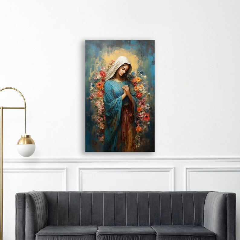 May include: A painting of the Virgin Mary in a blue robe with a white veil, surrounded by colorful flowers. The painting is done in a realistic style with a soft, dreamy feel.