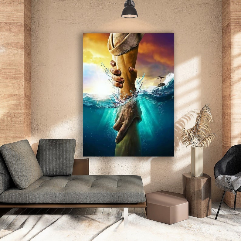 May include: A painting depicting a hand emerging from the water, reaching out to grasp another hand. The water is a vivid blue, and the sky is a warm orange. The painting conveys a powerful message of hope and salvation.