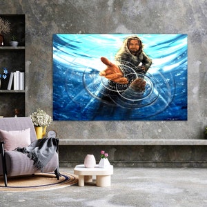 May include: A painting of a man with long hair and a beard reaching out of the water with his hand outstretched. The water is blue and there are ripples around his hand.
