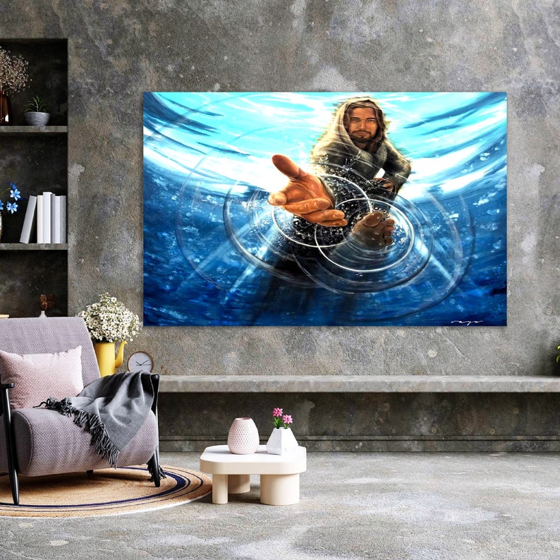 May include: A painting of a man with long hair and a beard reaching out of the water with his hand outstretched. The water is blue and there are ripples around his hand.