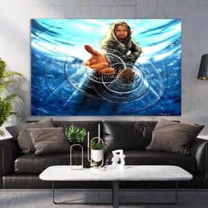 May include: A painting of a man with long hair and a beard, reaching out his hand from the water. The water is blue and there are ripples around his hand.
