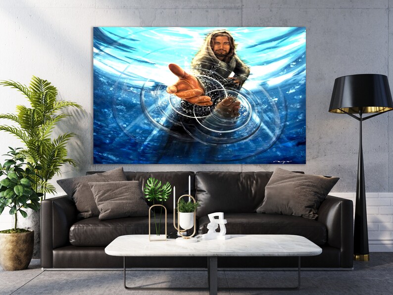 May include: A painting of a man with long hair and a beard, reaching out his hand from the water. The water is blue and there are ripples around his hand.