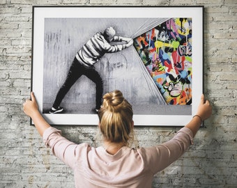 Banksy Style Graffiti Art Print, Behind The Curtain (Digital Download)