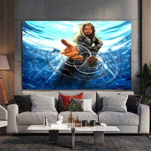 May include: A painting of a man with long hair and a beard, reaching out his hand from the water. The water is blue and there are ripples around his hand.