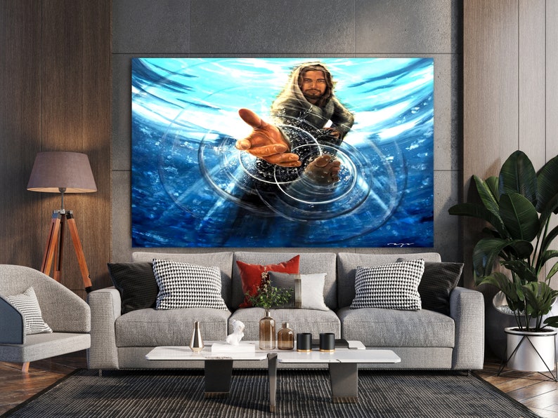 May include: A painting of a man with long hair and a beard, reaching out his hand from the water. The water is blue and there are ripples around his hand.