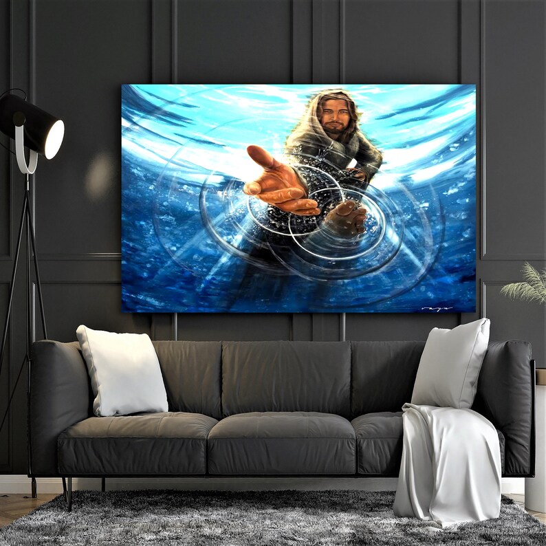 May include: A painting of a man with long hair and a beard, reaching out his hand from the water. The water is blue and there are ripples around his hand.