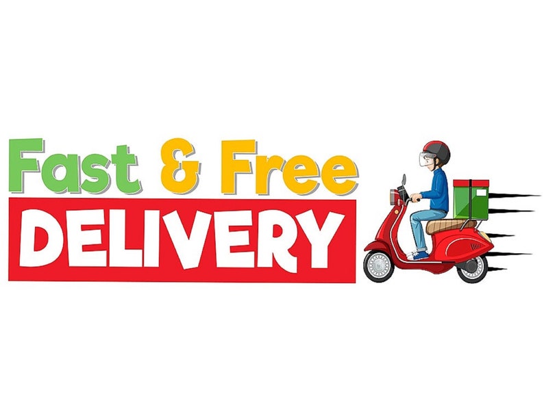 Pode incluir: Texto Fast & Free DELIVERY em verde, amarelo e branco sobre um fundo vermelho com uma scooter vermelha transportando um pacote e uma pessoa com uma camisa azul e um capacete.