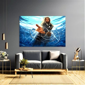 May include: A painting of a man with long hair and a beard, reaching out his hand from the water. The water is blue and there are ripples around him.