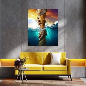 May include: A painting depicting a hand reaching out of the water to grasp another hand. The water is blue and green, and the sky is orange and yellow. The painting is a depiction of a person being saved from drowning.