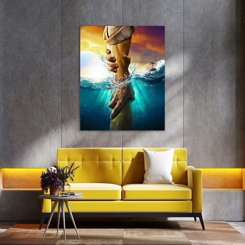 May include: A painting depicting a hand reaching out of the water to grasp another hand. The water is blue and green, and the sky is orange and yellow. The painting is a depiction of a person being saved from drowning.