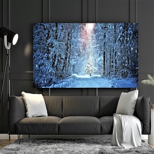 Christmas Tree Wall Art Canvas,Snowy Forest Photo, inspirational Wall Art, Winter Poster, indigo Canvas,Snowfall Prints,Extra Large Wall Art