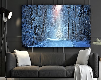 Stampa su tela di foresta innevata, foto di albero di Natale, arte murale invernale