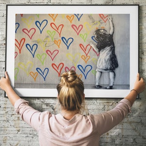 Banksy Style, Girl Drawing Heart, Banksy Love Hearts,  Banksy Graffiti, Colorful Love Poster, Street art Love gift,Urban Love Heart Wall Art