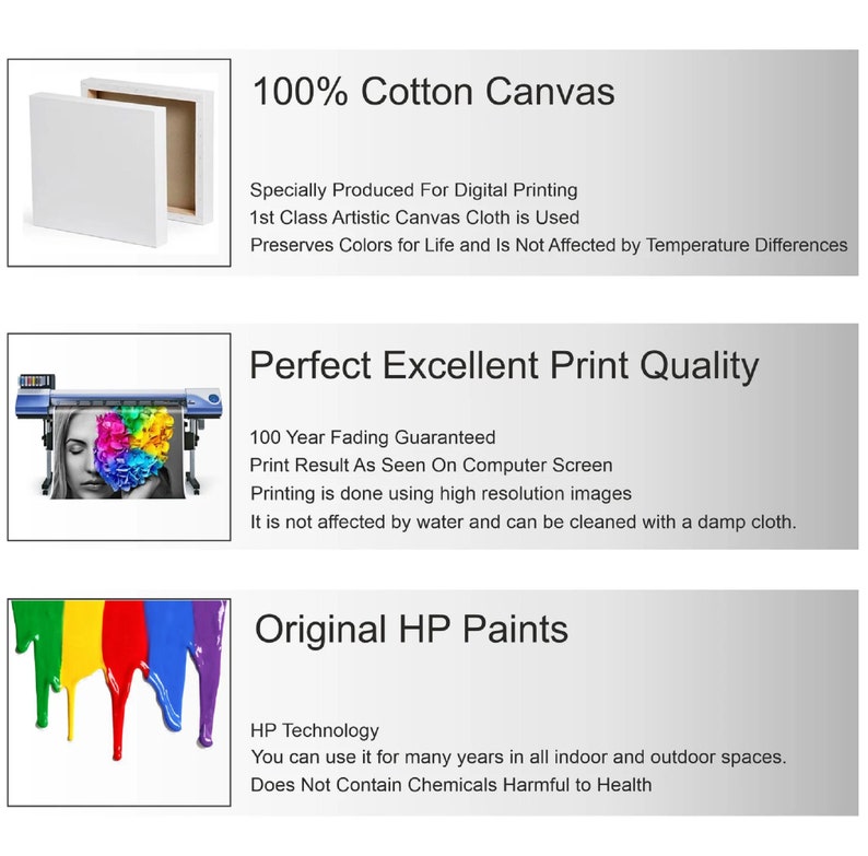 May include: A white canvas with the text "100% Cotton Canvas" and a description of the canvas's features. The text "Specially Produced For Digital Printing 1st Class Artistic Canvas Cloth is Used Preserves Colors for Life and Is Not Affected by Temperature Differences" is below the heading. The second image shows a printer printing a colourful image with the text "Perfect Excellent Print Quality" and the text "100 Year Fading Guaranteed Print Result As Seen On Computer Screen Printing is done using high resolution images It is not affected by water and can be cleaned with a damp cloth." The third image shows a close-up of colourful paint dripping with the text "Original HP Paints" and the text "HP Technology You can use it for many years in all indoor and outdoor spaces. Does Not Contain Chemicals Harmful to Health."