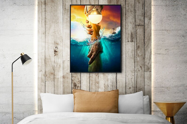 May include: A painting of a hand reaching out from the water to grasp a hand holding a light bulb. The background is a sunset with clouds and a helicopter in the distance.