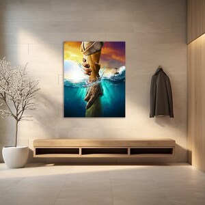 May include: A painting depicting two hands reaching towards each other. One hand emerges from the water, while the other reaches down from above. The water is a vivid blue and green, and the sky is a warm orange and yellow.