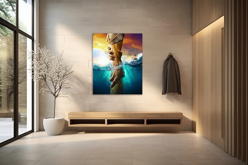 May include: A painting depicting two hands reaching towards each other. One hand emerges from the water, while the other reaches down from above. The water is a vivid blue and green, and the sky is a warm orange and yellow.