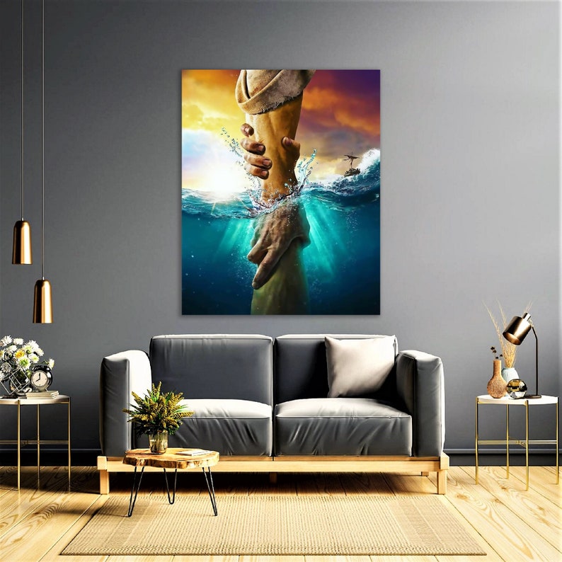 May include: A painting depicting a hand reaching out of the water to grasp another hand. The water is a vibrant blue with light shining through it. The sky is a warm orange and yellow.