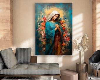 May include: A painting of a woman in a blue robe with a white head covering, standing in a field of flowers. The woman is looking down and her hands are clasped in prayer. The flowers are in shades of pink, red, and yellow.