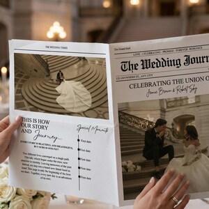 May include: A printed wedding newspaper titled The Wedding Journal featuring black and white photographs of a couple on a staircase, with text including Celebrating the Union of Jamie Brown & Robert Sky and This is how our story and journey.