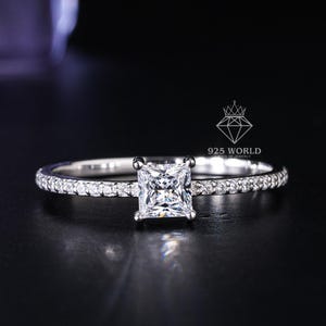 Princess Cut Simulated Diamond Pave Engagement Ring,925 Silver Wedding Ring for Women,Classic Comfort Fit Promise Ring for Her,Birthday Gift