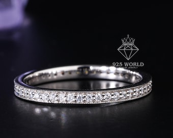 Full Eternity Round Moissanite Wedding Band,10K White Gold Channel Set  Ring,Stackable Band for Bridal Ring Set,Anniversary Gift for Women