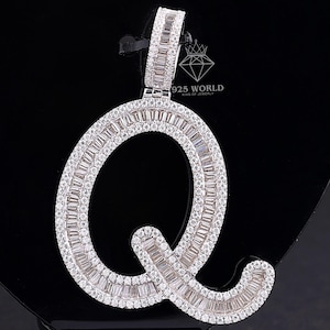 4.00 TCW Baguette & Round Cut Moissanite Initial Pendant,Iced Out Custom Name Pendant,Personalized Q Letter Pendant,Rapper&#39;s Hip Hop Jewelry