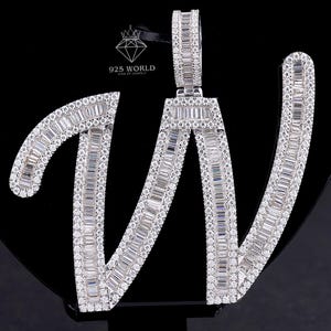 14k White Gold Genuine VVS Baguette Cut Moissanite Diamond Pendant,Personalized Initial W Letter Pendant,Men&#39;s Hip Hop Rapper&#39;s Jewelry Gift