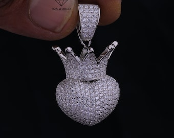 Sterling Silver Key Necklace: Heart Crown Pendant, 1.25 Carat