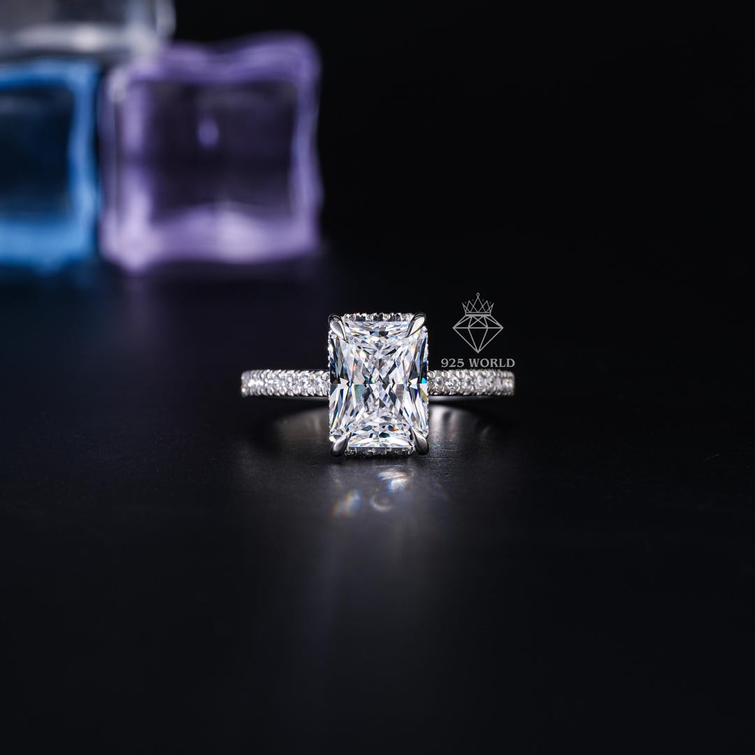 Radiant Cut Moissanite Hidden Halo Engagement Ring,14k White Gold Pave ...