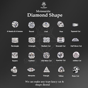May include: A dark background displays a variety of moissanite diamond shapes, including round, oval, and pear cuts. Text reads "Moissanite Diamond Shape" and lists various cuts. The text "We can make any type fancy cut & shape diomd" is also present.