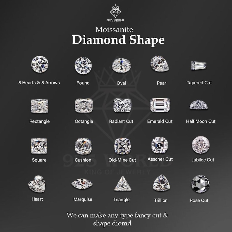 May include: A dark background displays a variety of moissanite diamond shapes, including round, oval, and pear cuts. Text reads "Moissanite Diamond Shape" and lists various cuts. The text "We can make any type fancy cut & shape diomd" is also present.