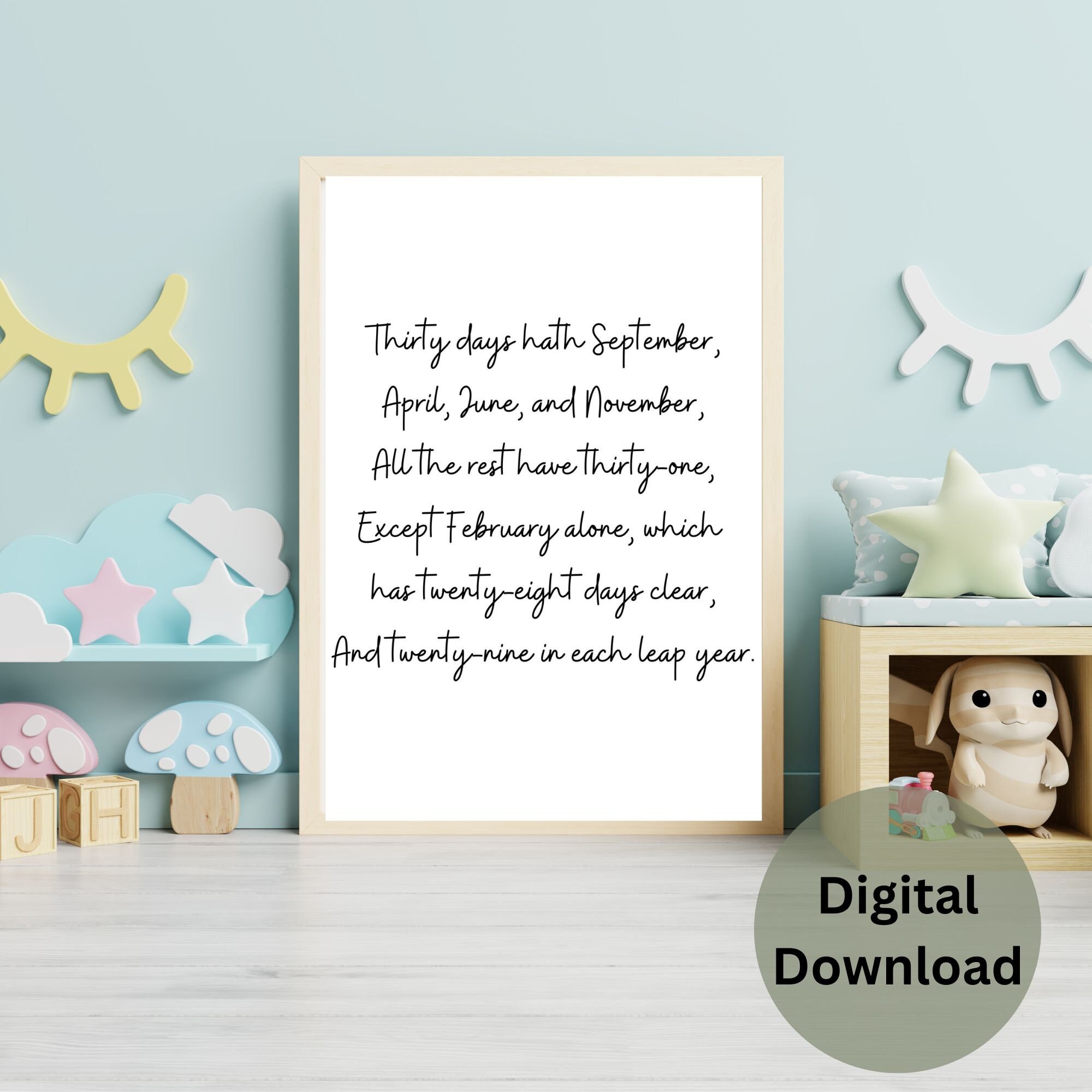 Thirty days hath september days in a month rhyme digital downloadable
