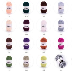 May include: A selection of Dolce yarn balls in a range of colours, such as green, orange, purple, and pink. Each ball is labelled with a number, ideal for knitting and crochet projects. The yarn is suitable for various crafts.