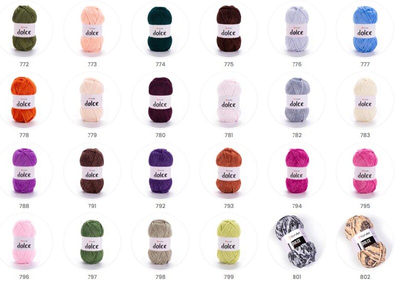 May include: A selection of Dolce yarn balls in a range of colours, such as green, orange, purple, and pink. Each ball is labelled with a number, ideal for knitting and crochet projects. The yarn is suitable for various crafts.