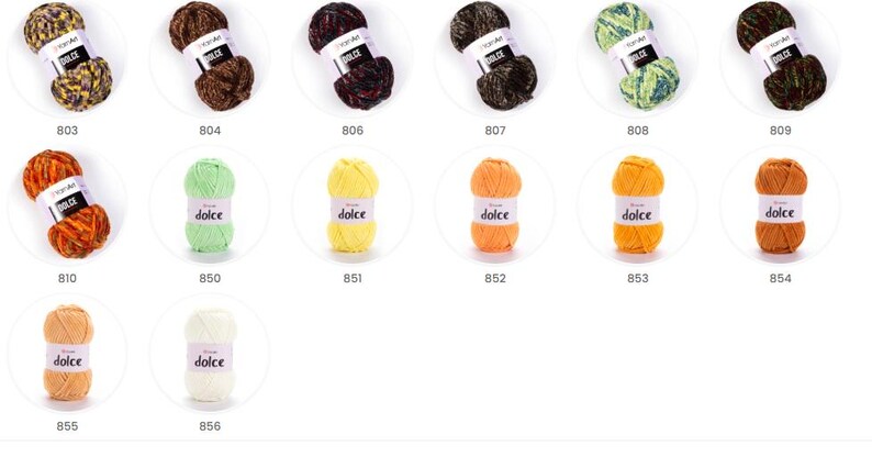 May include: A selection of yarn skeins in shades of brown, green, yellow, and orange. Each skein is labelled with the word "dolce" and a number. The yarn is arranged in rows and columns, showcasing a variety of colours.