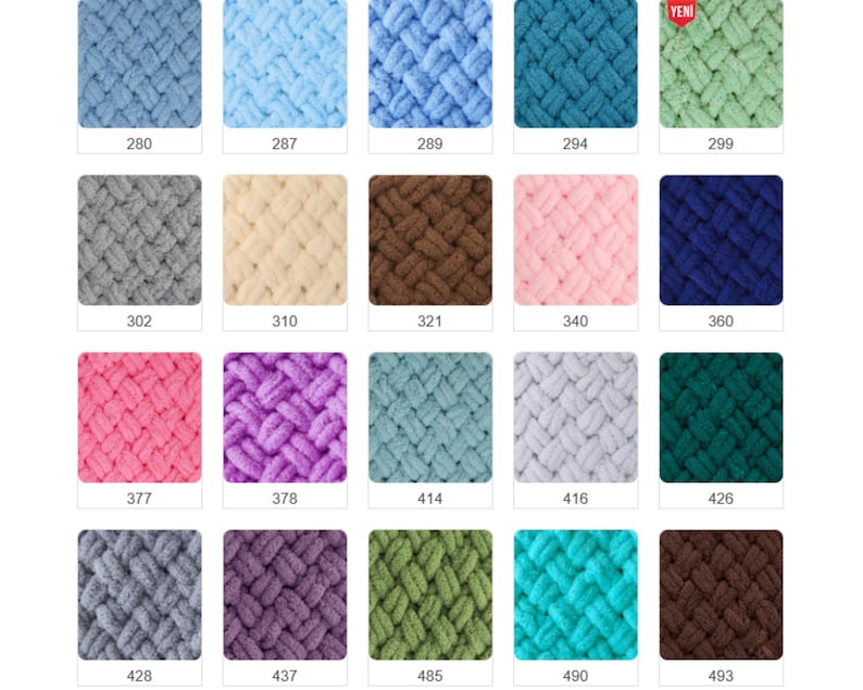 Pode incluir: Uma cole&ccedil;&atilde;o de amostras de fios de malha grossa e coloridas. Os quadrados exibem uma variedade de tons, incluindo azuis, rosas, verdes e castanhos. Cada amostra tem um n&uacute;mero impresso, como 280, 287 e 289.