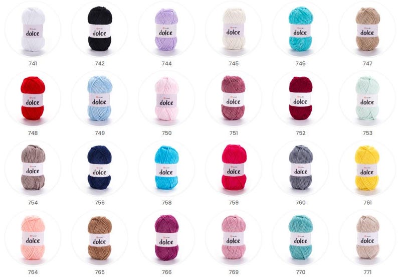 May include: A selection of Dolce yarn skeins in a range of colours, including white, black, red, blue, pink, and green. Each skein is labelled with the word "dolce". The image showcases a variety of yarn colours suitable for knitting and crochet projects.