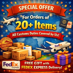 Pode incluir: Um an&uacute;ncio com um fundo de mapa-m&uacute;ndi azul, com uma faixa vermelha que diz "OFERTA ESPECIAL". A imagem inclui avi&otilde;es, caixas de envio, um passaporte e uma caixa de presente. O texto inclui "Para pedidos de 20+ itens" e "Todas as taxas alfandeg&aacute;rias cobertas por n&oacute;s!"