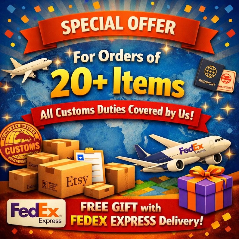 Pode incluir: Um an&uacute;ncio com um fundo de mapa-m&uacute;ndi azul, com uma faixa vermelha que diz "OFERTA ESPECIAL". A imagem inclui avi&otilde;es, caixas de envio, um passaporte e uma caixa de presente. O texto inclui "Para pedidos de 20+ itens" e "Todas as taxas alfandeg&aacute;rias cobertas por n&oacute;s!"