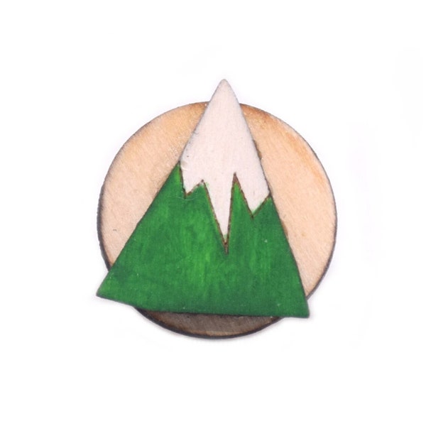 Small Wood Pin Badge Brooch Mountain Mens’s gift Travel Trekking Round Stift Gebirge Berg Holz Geschenk Wandern PL/ENG