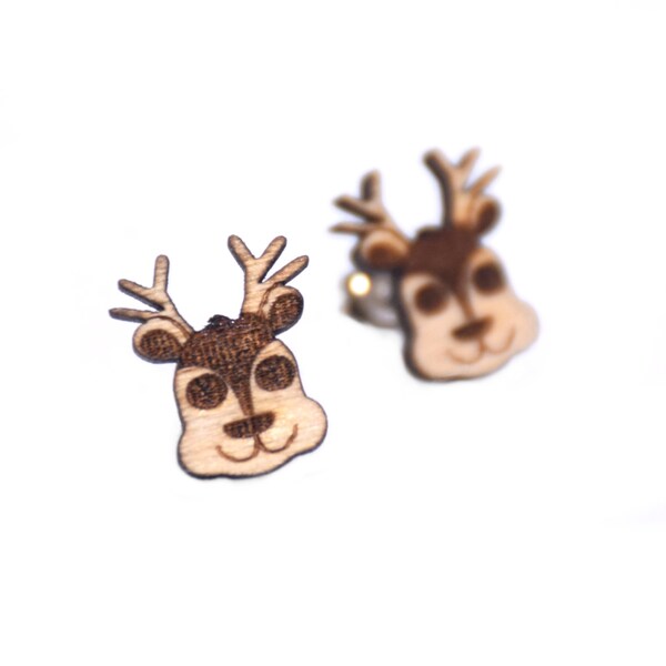 Wooden earrings Reindeer Christmas Winter Laser cut Gift idea Ohrstecker Holz Rentier Weihnachten Geschenk PL/ENG