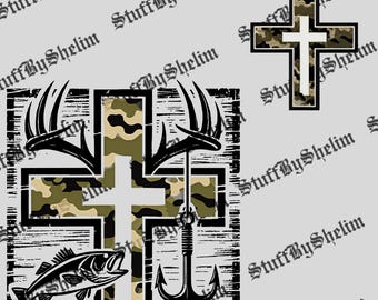 Faith Fishing Hunting PNG, Camo Cross With Hook SVG, Antlers and Bass Sublimation, Digital Download, Christian Statement File