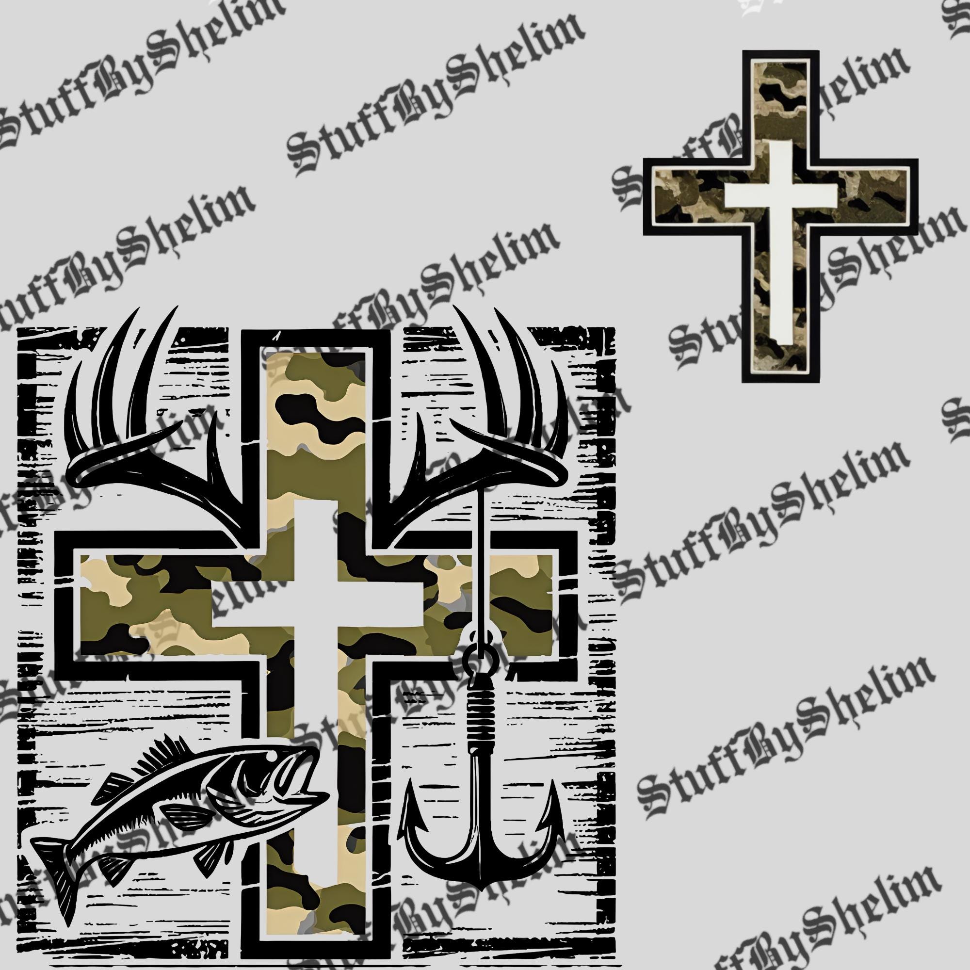 cross with fish hook and antlers Men's Stainless Steel Necklace - 30" black Package includes Metal Deer Antler Cross With