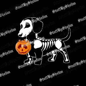 May include: A Halloween-themed graphic featuring a dachshund dog with a skeleton design. The dog is holding an orange jack-o'-lantern bucket with candy. The background is black with the text "StuffByShelim".