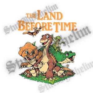 May include: A cartoon illustration of dinosaurs from the movie "The Land Before Time". The dinosaurs are a brown Apatosaurus, a green Stegosaurus, a brown Triceratops, and a green Pteranodon.