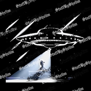 May include: A black and white illustration depicts a UFO hovering over a stage with a spotlight. A figure is on the stage. Streaks of light emanate from the UFO. The words "StuffByShelim" are repeated throughout the image.