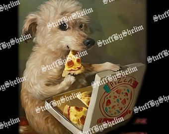 Lindo perro disfrutando de una pizza de pepperoni. PNG unisex para hombres y mujeres. SVG para amantes de los animales. Sublimación unisex. Descarga digital.